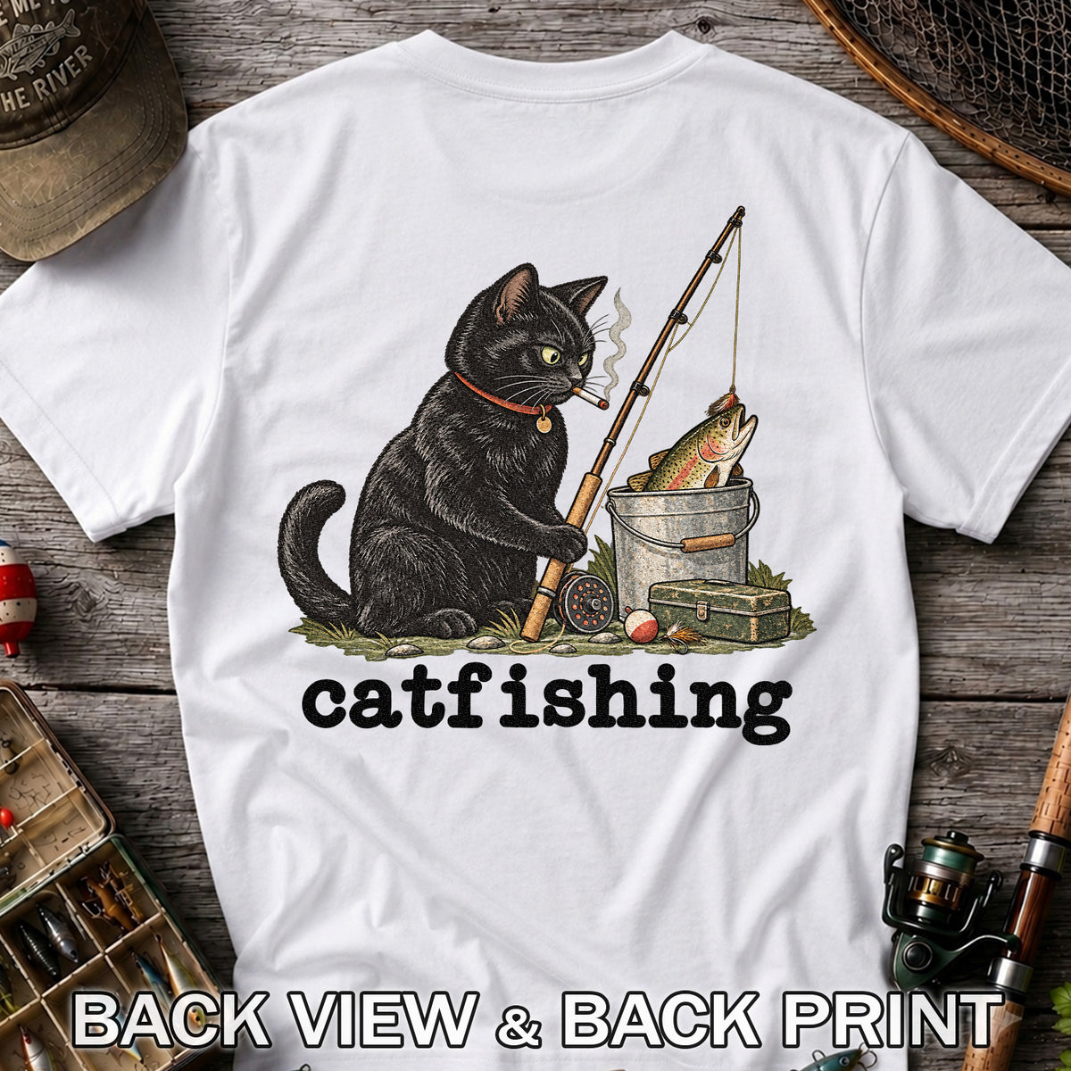 Catfishing Smoking Black Cat with Fishing Rod Funny T-Shirt | Back Print
