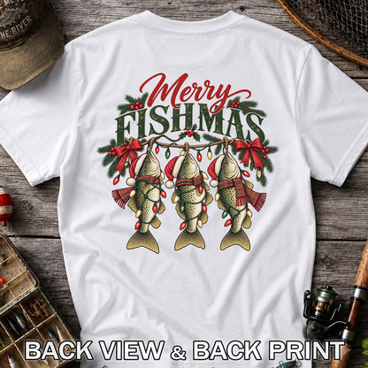 Merry Fishmas Christmas Trout Fishing Graphic T-Shirt | Back Print