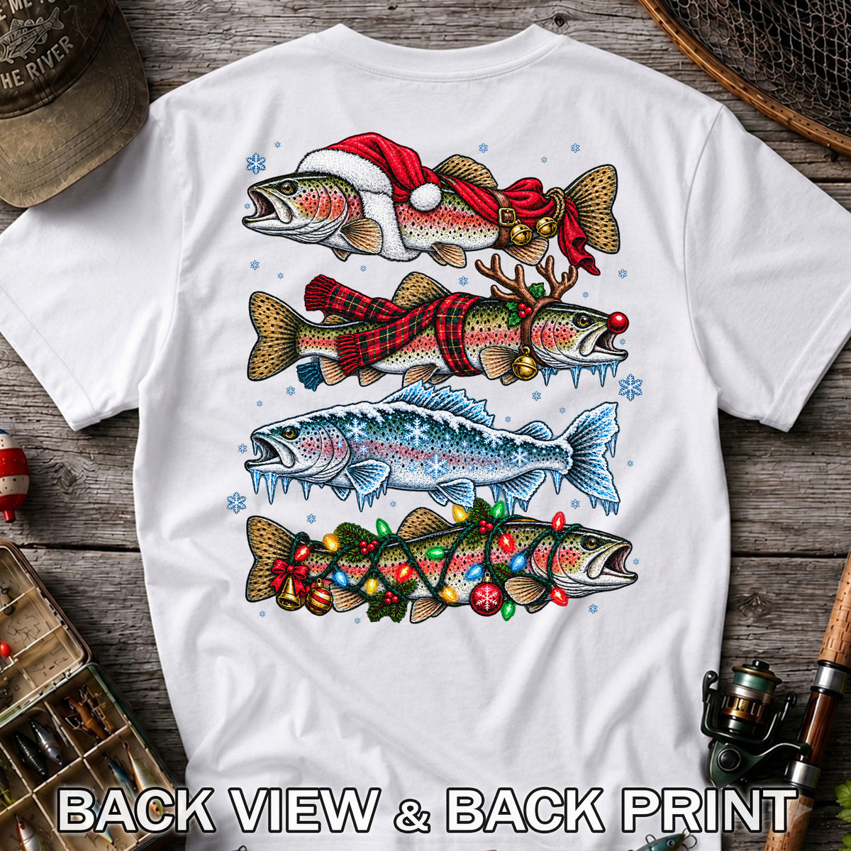 Christmas Rainbow Trout Holiday Fishing Graphic T-Shirt | Back Print