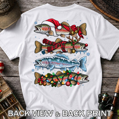 Christmas Rainbow Trout Holiday Fishing Graphic T-Shirt | Back Print