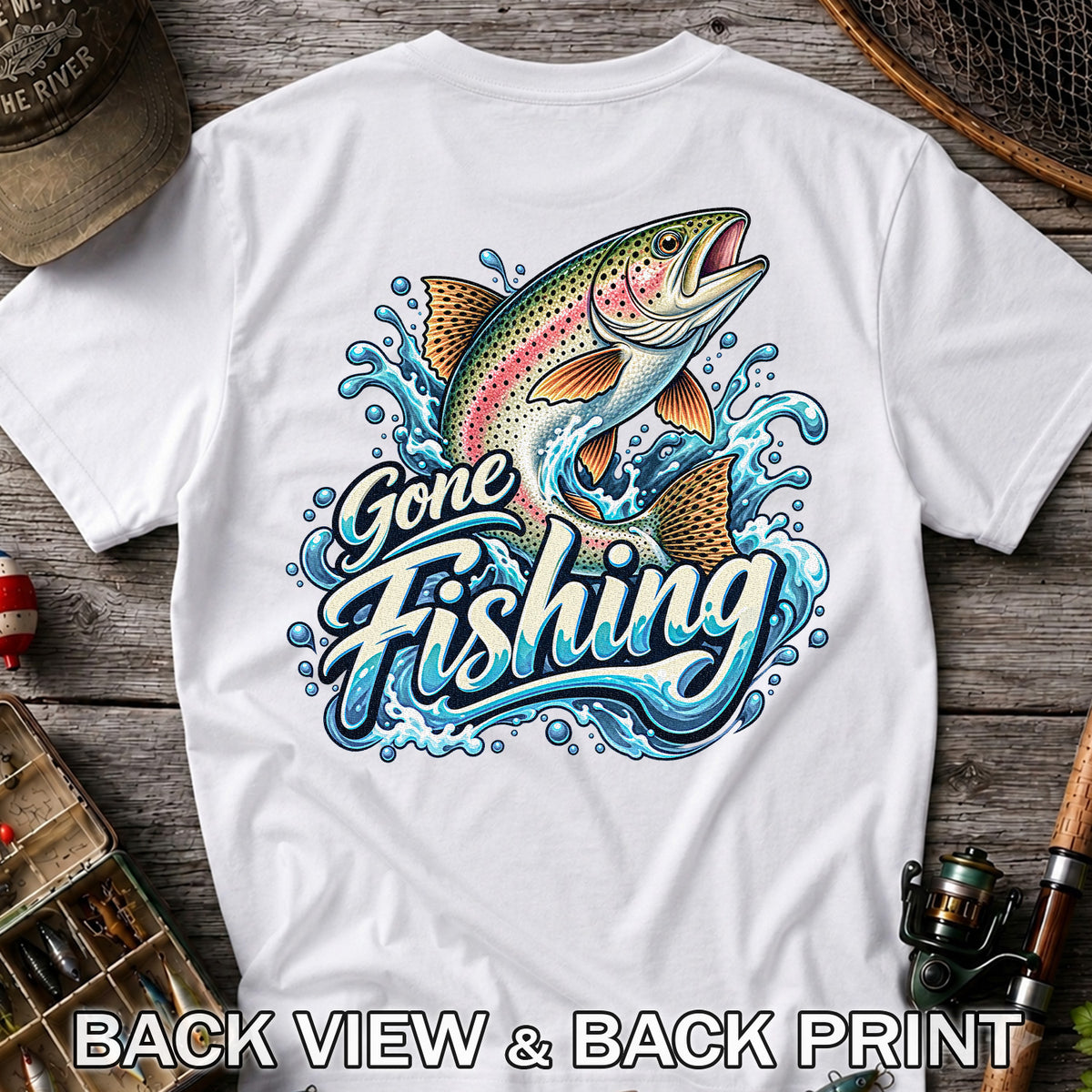 Gone Fishing Jumping Rainbow Trout Splash Graphic T-Shirt | Back Print