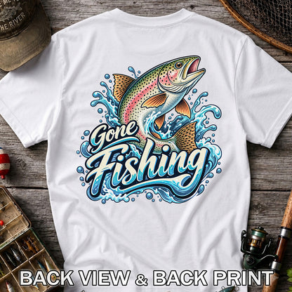 Gone Fishing Jumping Rainbow Trout Splash Graphic T-Shirt | Back Print