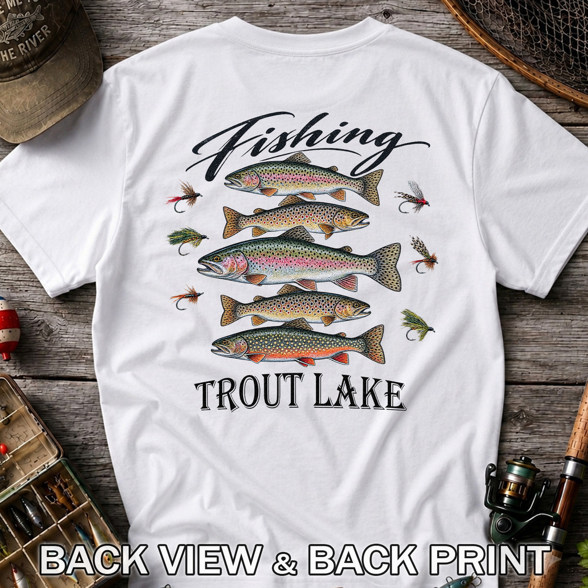 Fishing Trout Lake Vintage Trout and Flies Graphic T-Shirt | Back Print