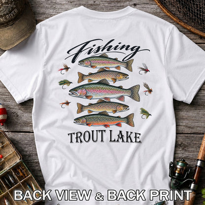 Fishing Trout Lake Vintage Trout and Flies Graphic T-Shirt | Back Print