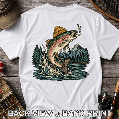 Beanie-Wearing Rainbow Trout Smoking a Cigar Mountain Fishing Graphic T-Shirt | Back Print