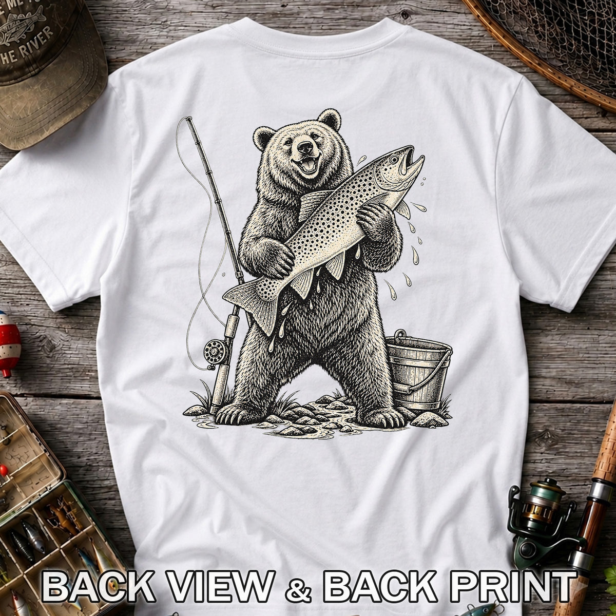 Bear Holding Trout Fishing Graphic T-Shirt | Back Print