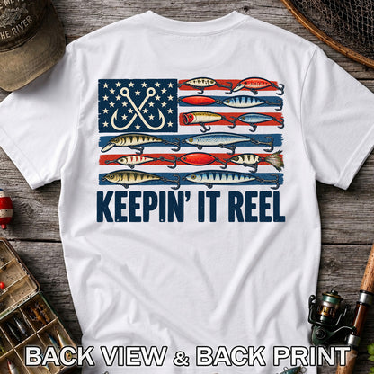 Keepin' It Reel American Flag Fishing Lures Graphic T-Shirt | Back Print
