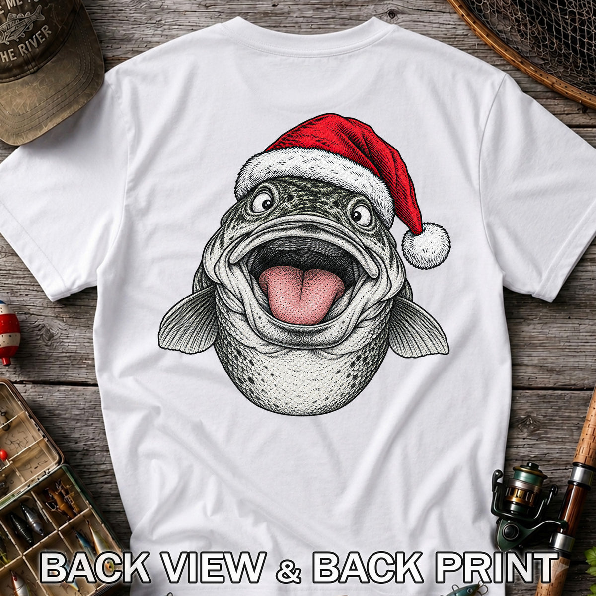 Funny Santa Hat Trout Christmas Fishing Graphic T-Shirt | Back Print