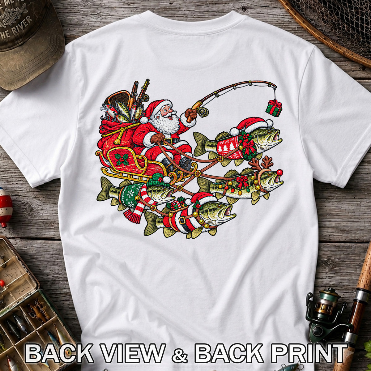 Santa Pulling Festive Bass Fishing Graphic T-Shirt | Back Print