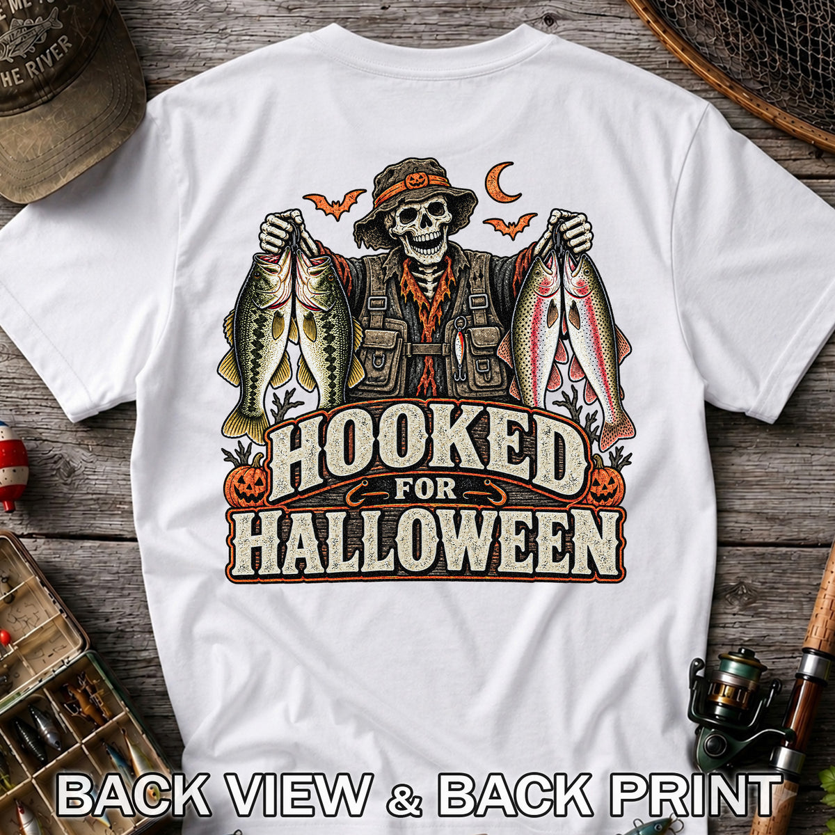 Hooked for Halloween Skeleton Angler with Bass and Trout Fishing T-Shirt | Back Print