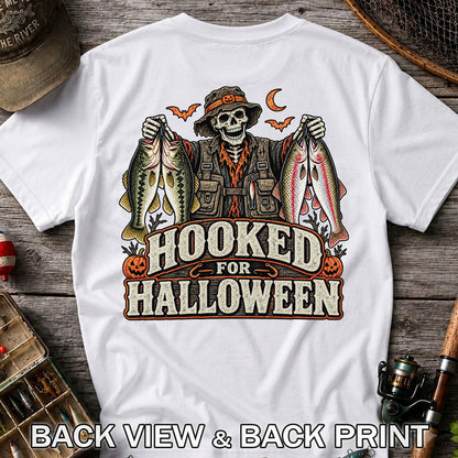 Hooked for Halloween Skeleton Angler with Bass and Trout Fishing T-Shirt | Back Print