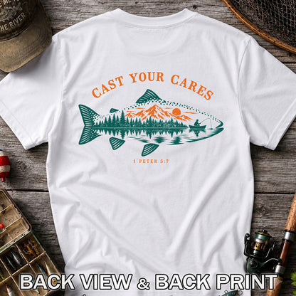 Cast Your Cares 1 Peter 5:7 Fish Silhouette and Mountain Lake Fishing T-Shirt | Back Print