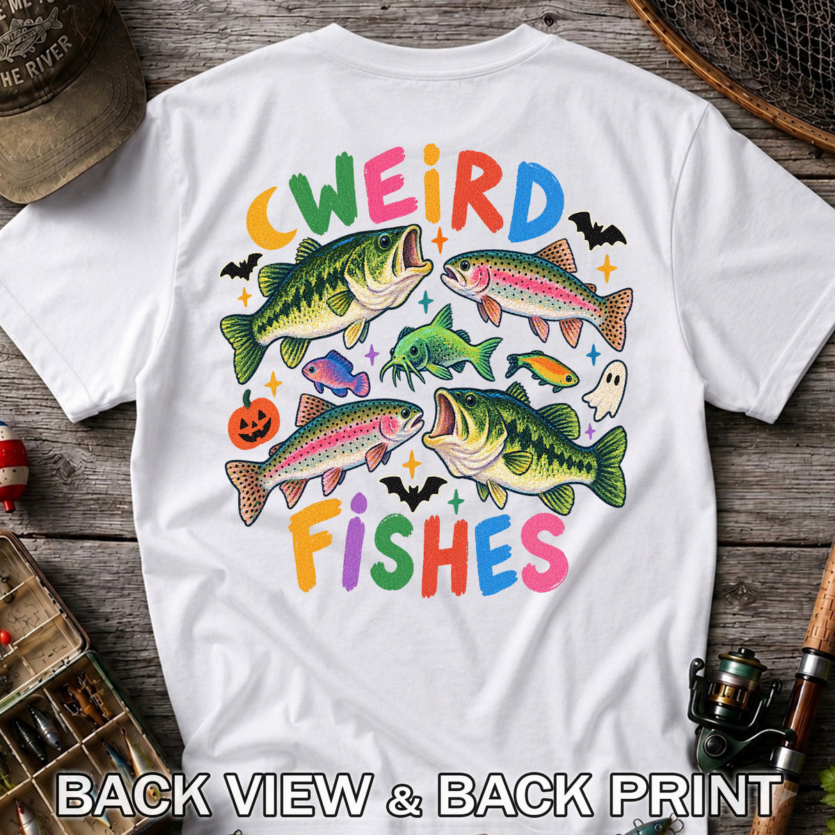 Weird Fishes Halloween Bass and Rainbow Trout Fishing T-Shirt | Back Print