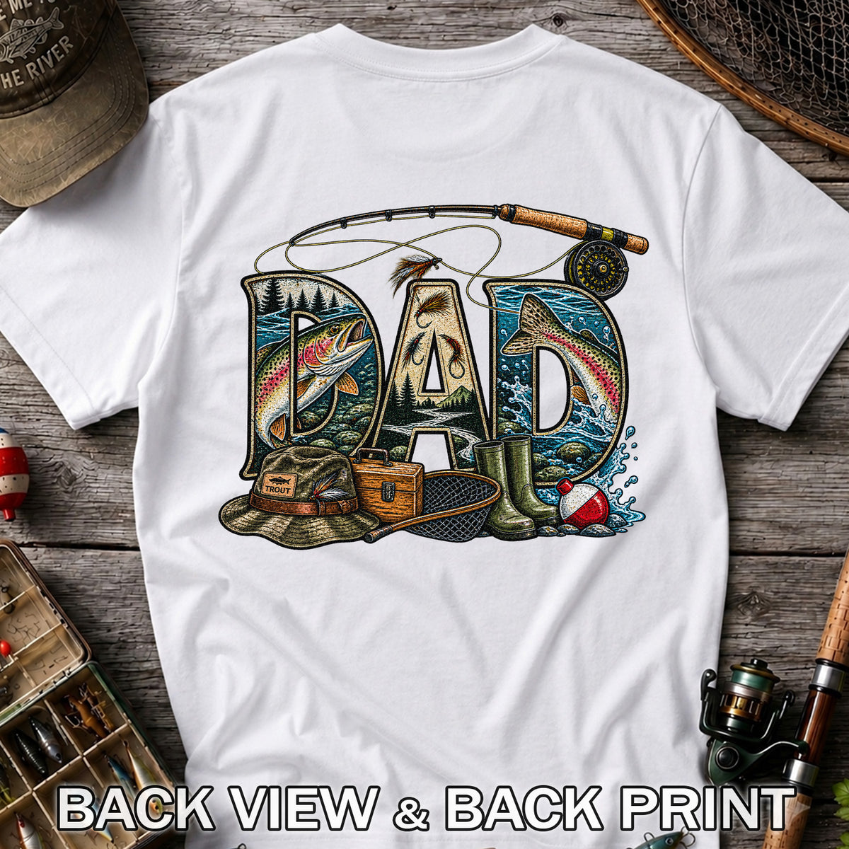 Dad Rainbow Trout Fly Fishing Vintage Graphic T-Shirt | Back Print