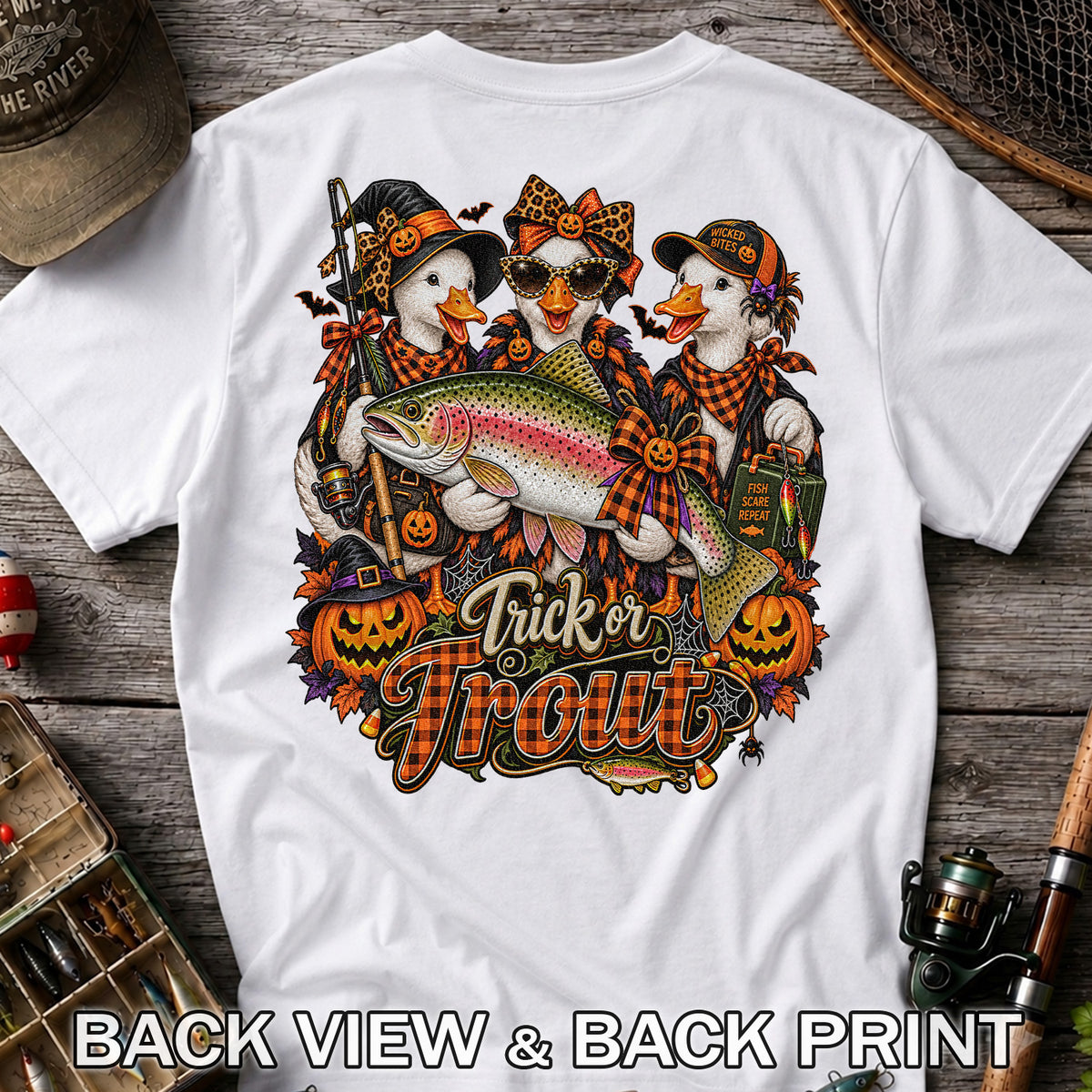 Trick or Trout Halloween Ducks with Rainbow Trout and Pumpkins Fishing T-Shirt | Back Print