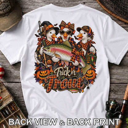 Trick or Trout Halloween Ducks with Rainbow Trout and Pumpkins Fishing T-Shirt | Back Print