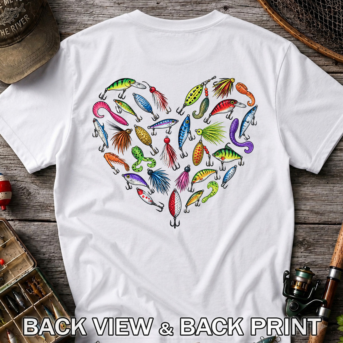 Colorful Fishing Lures in a Heart Shape Graphic T-Shirt | Back Print