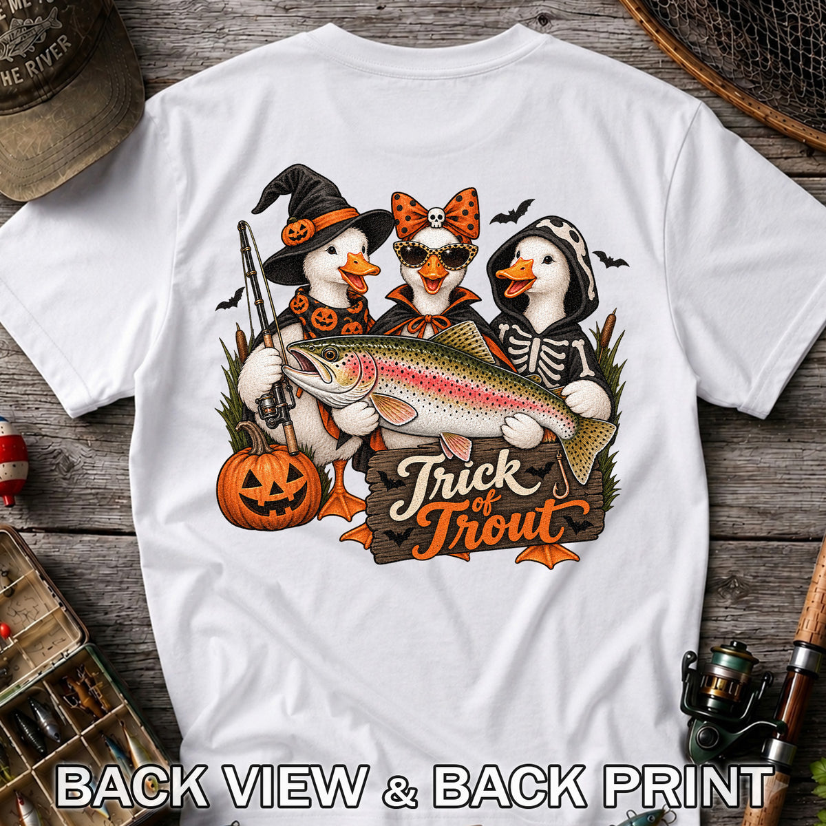 Trick of Trout Halloween Ducks with Rainbow Trout Fishing T-Shirt | Back Print