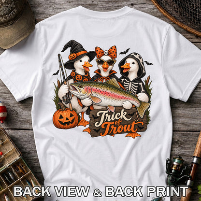 Trick of Trout Halloween Ducks with Rainbow Trout Fishing T-Shirt | Back Print