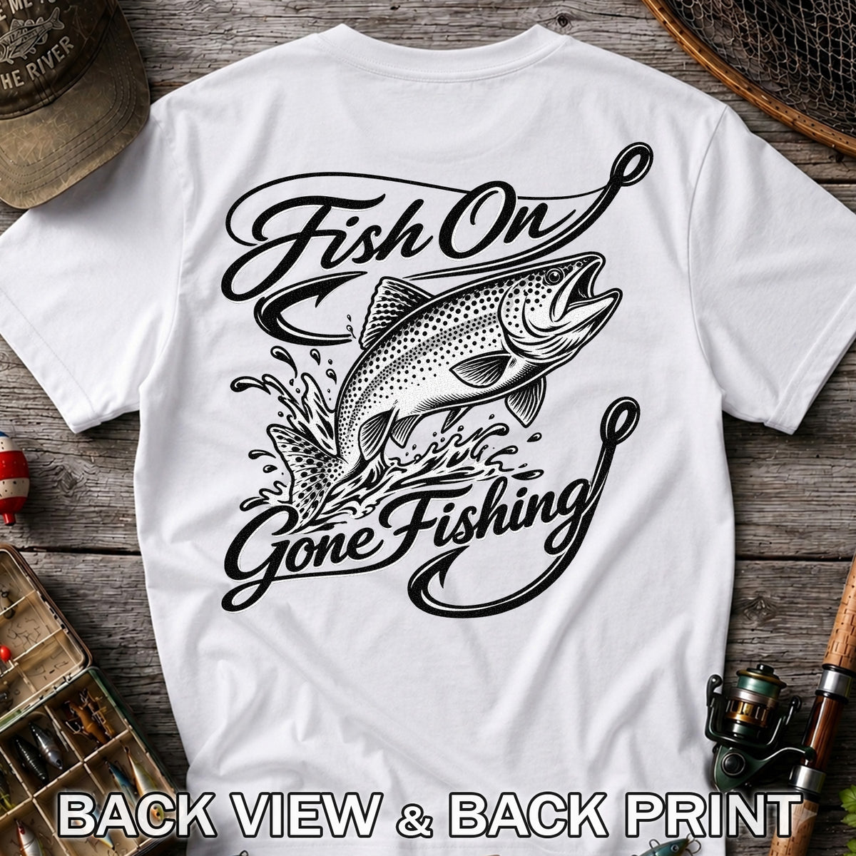 Fish On Gone Fishing Jumping Trout Graphic T-Shirt | Back Print