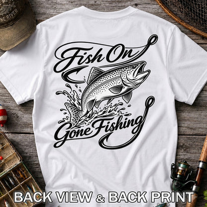 Fish On Gone Fishing Jumping Trout Graphic T-Shirt | Back Print