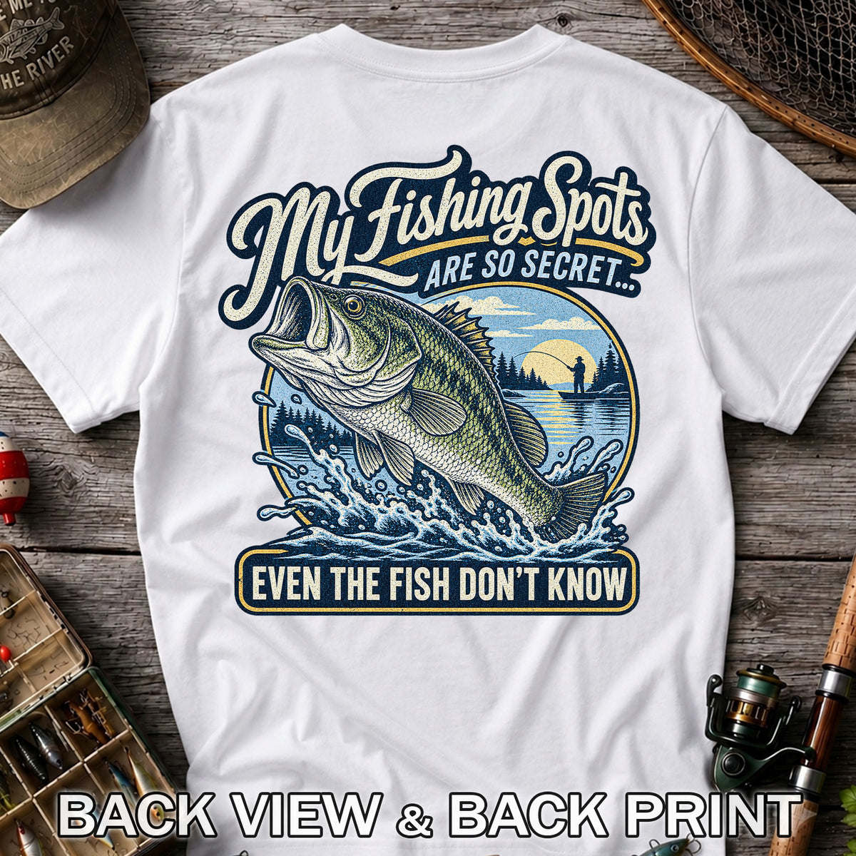 Secret Fishing Spots Largemouth Bass Graphic T-Shirt | Back Print