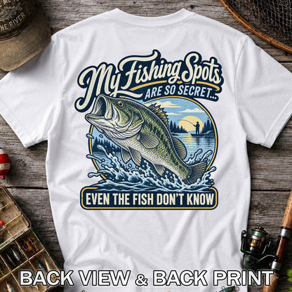 Secret Fishing Spots Largemouth Bass Graphic T-Shirt | Back Print