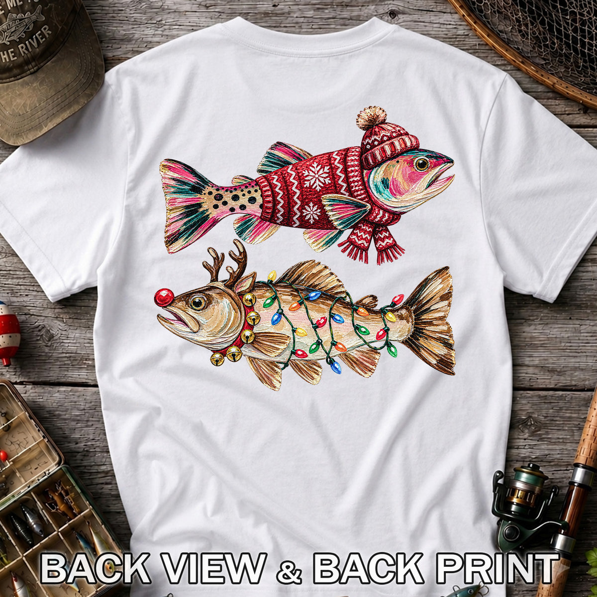 Festive Christmas Fish with Lights Fishing Graphic T-Shirt | Back Print