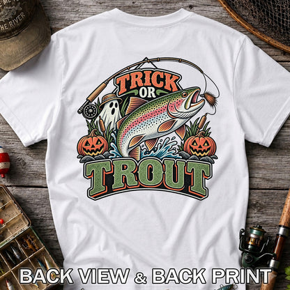 Trick or Trout Rainbow Trout Ghost and Pumpkins Halloween Fishing T-Shirt | Back Print