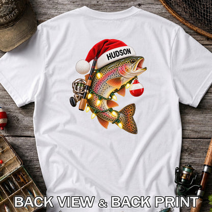 Hudson Santa Hat Rainbow Trout Christmas Fishing T-Shirt | Back Print