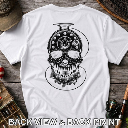 Trout and Fly Fishing Reel Skull Mountain Graphic T-Shirt | Back Print
