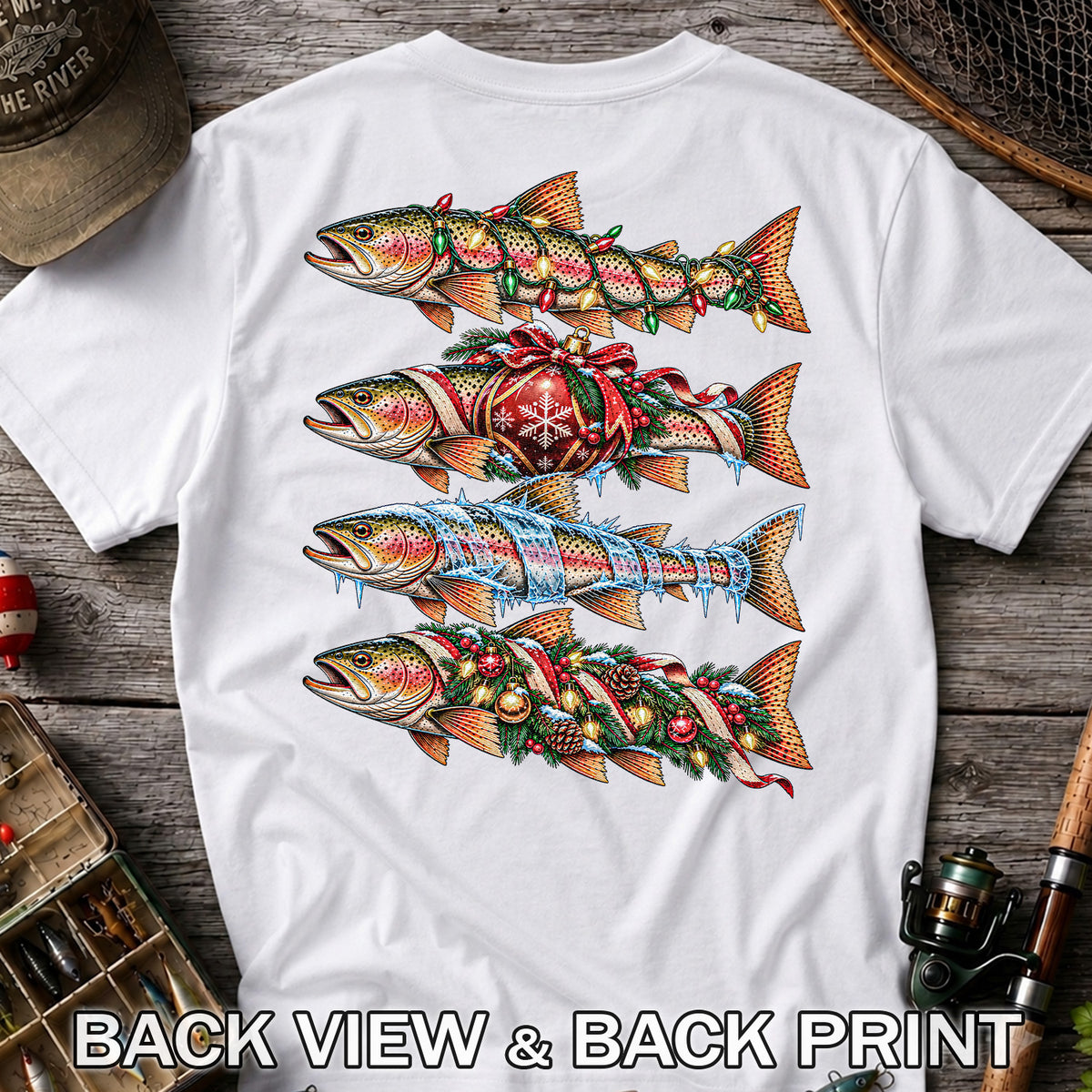 Christmas Rainbow Trout with Holiday Lights Fishing Graphic T-Shirt | Back Print