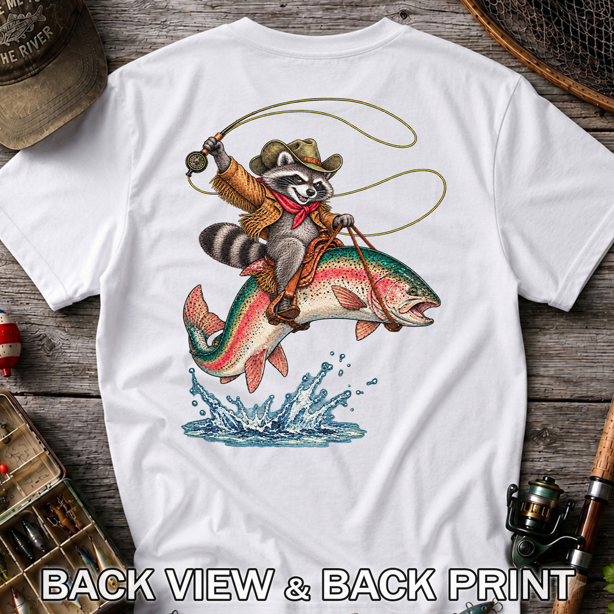 Cowboy Raccoon Riding a Rainbow Trout Fishing Graphic T-Shirt | Back Print
