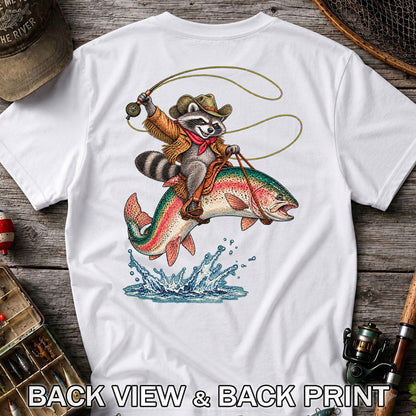 Cowboy Raccoon Riding a Rainbow Trout Fishing Graphic T-Shirt | Back Print