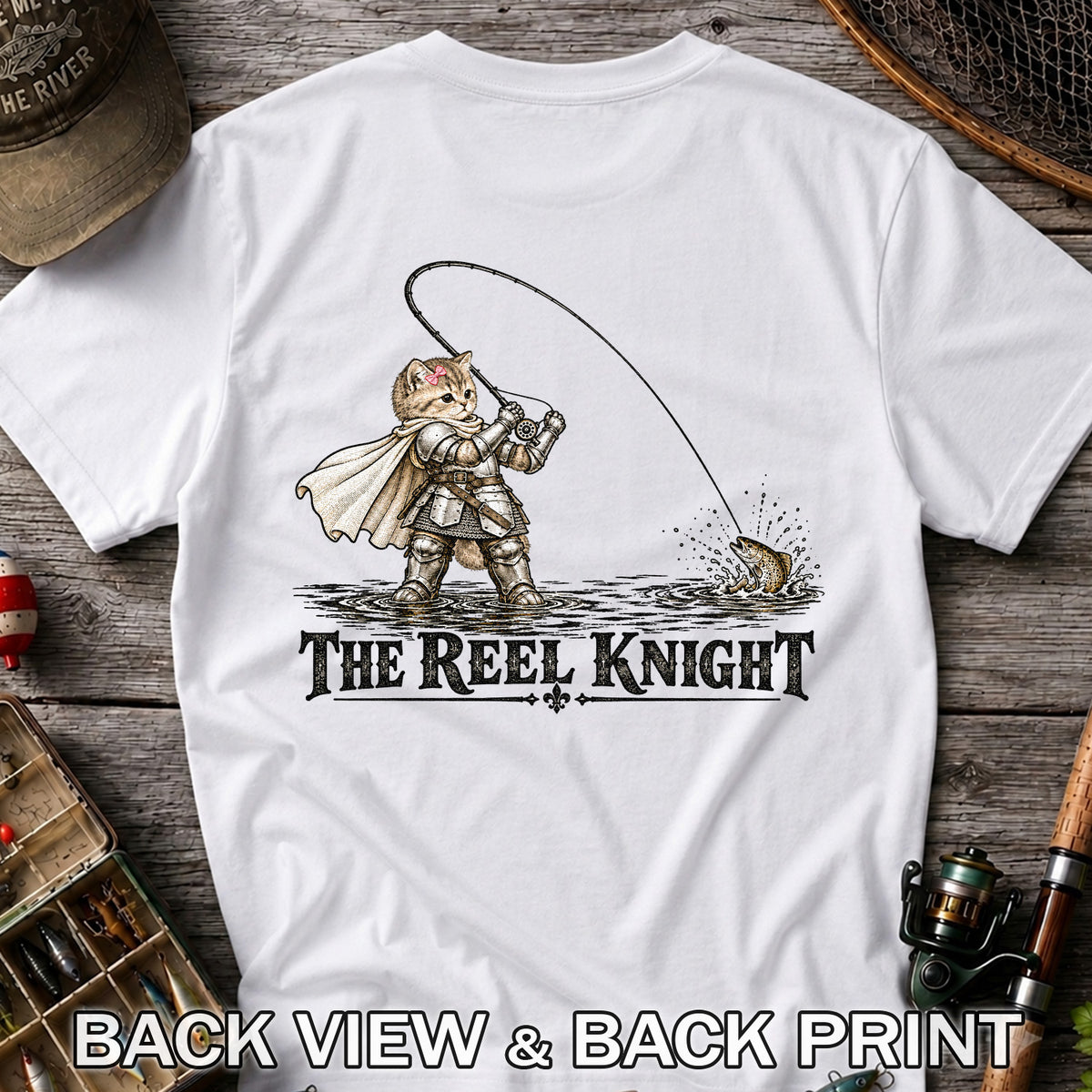 The Reel Knight Cat in Armor Funny Fishing Graphic T-Shirt | Back Print