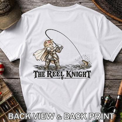 The Reel Knight Cat in Armor Funny Fishing Graphic T-Shirt | Back Print
