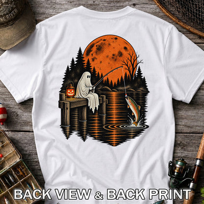 Ghost Fishing for Rainbow Trout Under an Orange Moon Halloween T-Shirt | Back Print