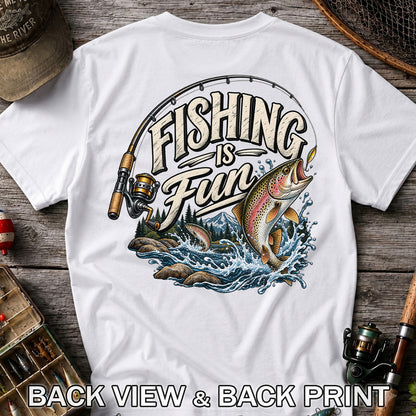 Fishing Is Fun Rainbow Trout and Mountain Graphic T-Shirt | Back Print