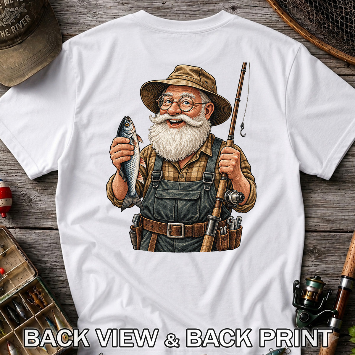 Bearded Angler Holding a Fish and Fishing Rod Graphic T-Shirt | Back Print