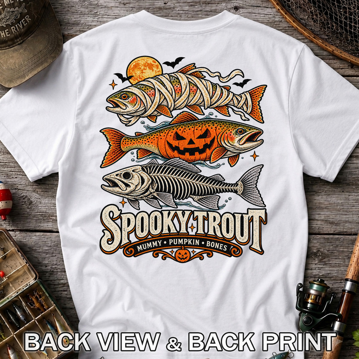 Spooky Trout Mummy Pumpkin Bones Halloween Fishing T-Shirt | Back Print