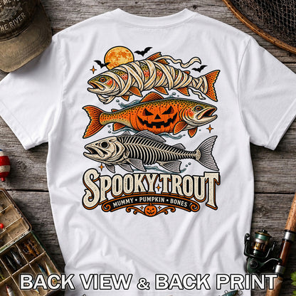 Spooky Trout Mummy Pumpkin Bones Halloween Fishing T-Shirt | Back Print