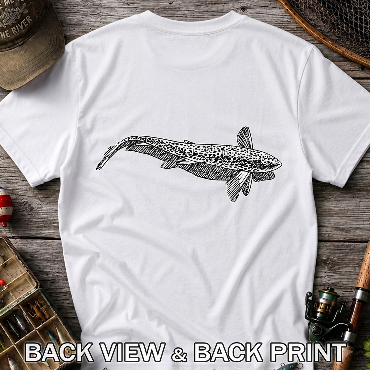 Black and White Trout Line Art Fishing Graphic T-Shirt | Back Print