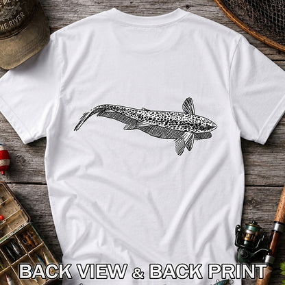 Black and White Trout Line Art Fishing Graphic T-Shirt | Back Print