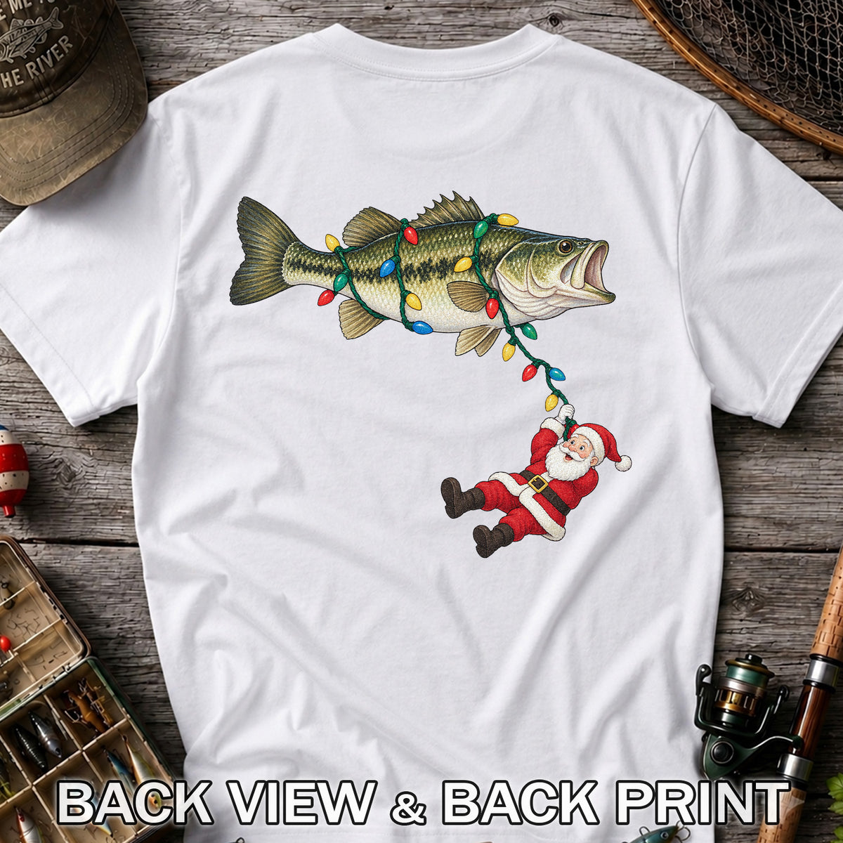 Santa Hanging from Christmas Lights on Bass Fishing Graphic T-Shirt | Back Print