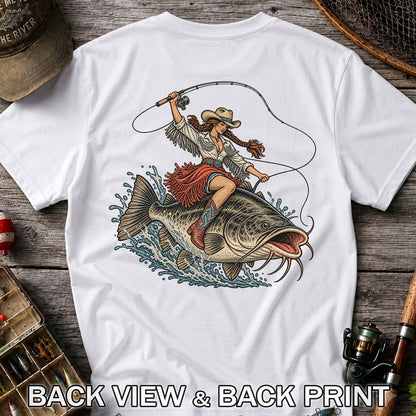 Cowgirl Riding a Largemouth Bass Fishing Graphic T-Shirt | Back Print