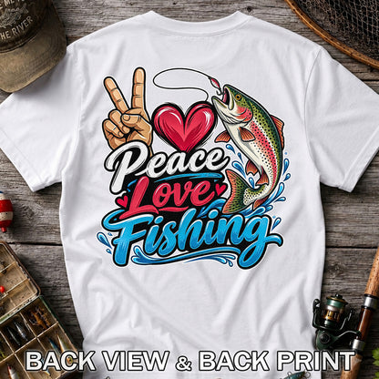 Peace Love Fishing Rainbow Trout and Heart Graphic T-Shirt | Back Print