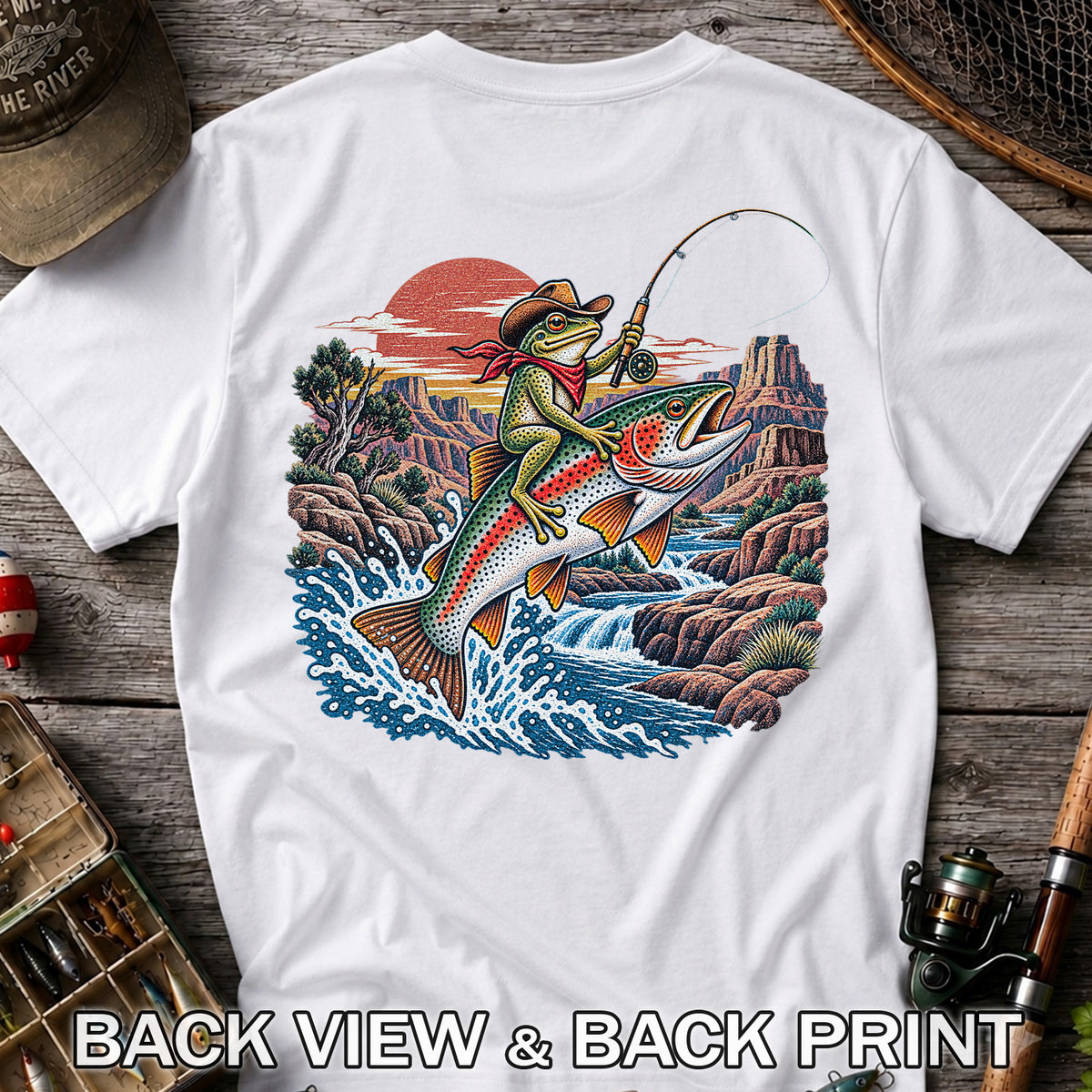 Cowboy Frog Riding a Rainbow Trout Canyon Fishing Graphic T-Shirt | Back Print