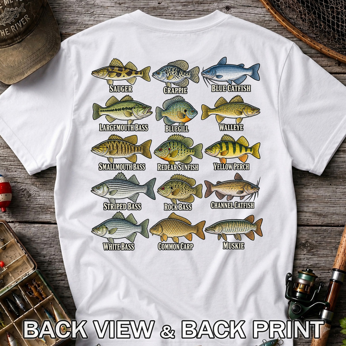 Bass Crappie and Catfish Freshwater Fish Chart Graphic T-Shirt | Back Print