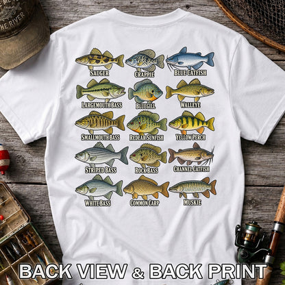 Bass Crappie and Catfish Freshwater Fish Chart Graphic T-Shirt | Back Print