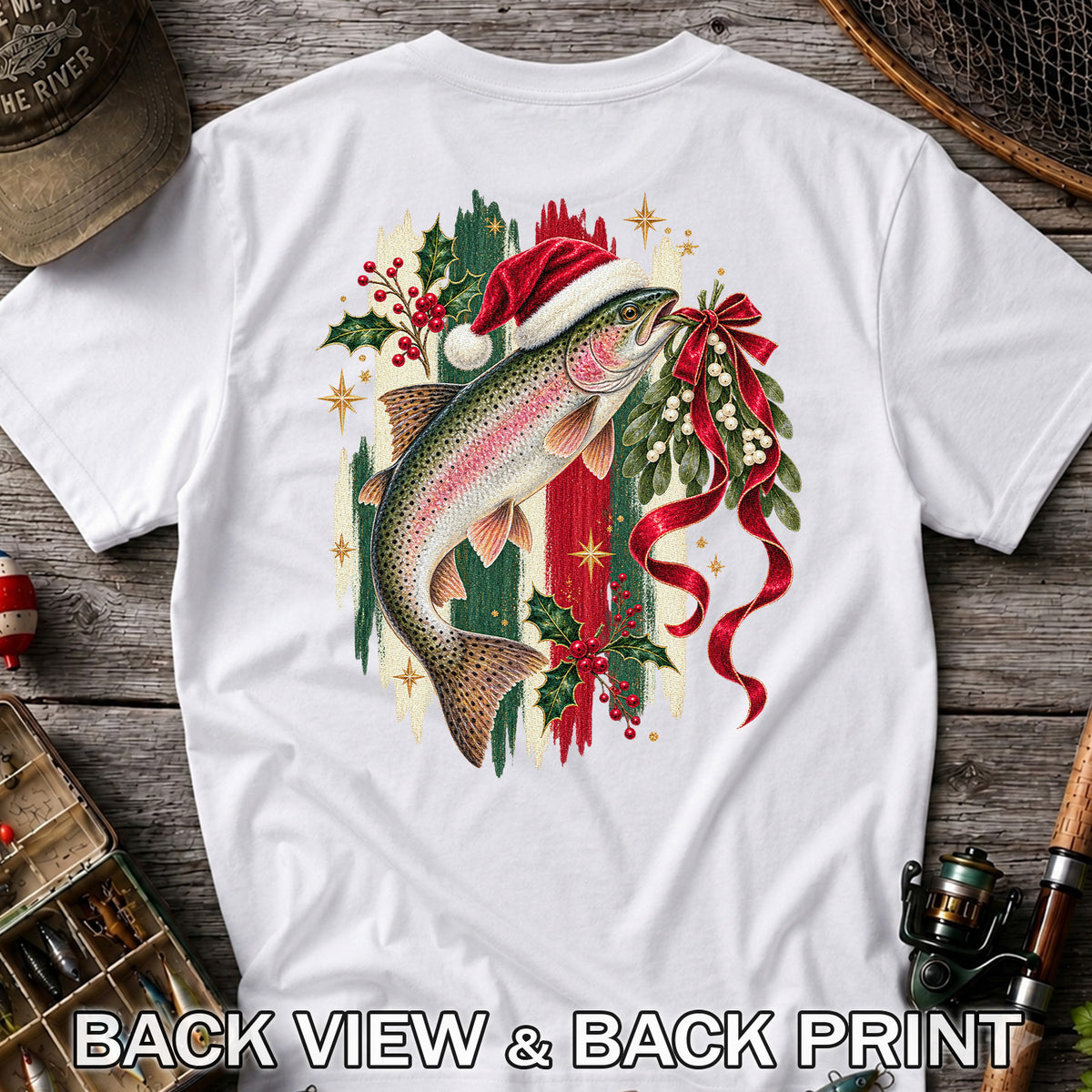Christmas Santa Hat Rainbow Trout Fishing Graphic T-Shirt | Back Print